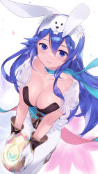 Rule 34 | 1girl, alternate breast size, animal ears, blue choker, blue eyes, blue hair, blush, breasts, cait aron, choker, cleavage, collarbone, fake animal ears, fire emblem, fire emblem heroes, flower, frilled choker, frills, gloves, gold trim, hair between eyes, hair flower, hair ornament, highres, holding, large breasts, long hair, looking at viewer, lucina (fire emblem), lucina (spring) (fire emblem), matching hair/eyes, nintendo, official alternate costume, rabbit ears, see-through, see-through sleeves, short sleeves, smile, solo, white legwear