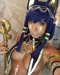 Rule 34 | 1girl, animal ears, armlet, armpits, asian, bare shoulders, bastet (mythology), blue hair, bodypaint, bracelet, breasts, cat ears, color contacts, dutch angle, egyptian clothes, egyptian mythology, facial mark, french nails, highres, indoors, japanese (nationality), jewelry, lots of jewelry, makeup, mascara, medium breasts, nail polish, nonsummerjack, o-ring, o-ring bottom, original, photo (medium), ring, selfie, sideboob, sidelocks, solo, staff, standing, tan, thigh strap, wig, yellow eyes, yellow nails