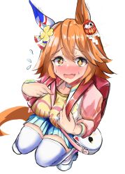 Rule 34 | + +, 1girl, absurdres, agnes digital (umamusume), agnes digital (umamusume) (cosplay), animal ears, aramocyaillust, backpack, bag, between breasts, blue skirt, blush, breasts, clover hair ornament, commentary request, cosplay, daruma doll, ear covers, flipped hair, flying sweatdrops, four-leaf clover hair ornament, from above, hair between eyes, hair ornament, highres, horse ears, horse girl, horse tail, jacket, jewelry, large breasts, matikanefukukitaru (umamusume), nail polish, open clothes, open jacket, open mouth, orange hair, orange nails, pink jacket, pleated skirt, randoseru, red bag, ring, shirt, shoes, short hair, shoulder bag, simple background, single ear cover, skirt, sneakers, solo, strap between breasts, sweat, tail, textless version, thighhighs, umamusume, wedding ring, white background, white footwear, white thighhighs, yellow shirt
