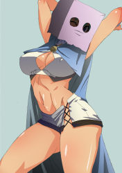 Rule 34 | 10s, 1girl, aquarion (series), aquarion evol, arms up, bag, bag on head, bag over head, breasts, cleavage, cleavage cutout, cloak, clothing cutout, covered erect nipples, kunifuto, large breasts, looking at viewer, mask, midriff, no panties, paper bag, shorts, solo, thighs, toned, zessica wong