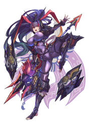 1girl black_hair bodysuit breasts character_request commentary_request commission covered_navel full_body headgear high_ponytail highres holding holding_polearm holding_weapon large_breasts lu_ji polearm purple_bodysuit sangokushi_taisen shouma_(bravespiritya) simple_background skeb_commission skin_tight solo standing weapon white_background yellow_eyes