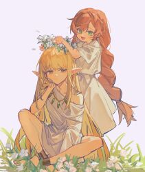 Rule 34 | 2girls, :/, anklet, blonde hair, brown eyes, child, elf, flamme (sousou no frieren), flower wreath, grass, green eyes, highres, indian style, jewelry, kurattes, long hair, multiple girls, necklace, open mouth, pointy ears, red hair, robe, serie (sousou no frieren), sitting, smile, sousou no frieren, standing, very long hair, white robe