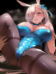 Rule 34 | 1girl, absurdres, animal ears, areola slip, asuna (blue archive), asuna (bunny) (blue archive), blue archive, blue bow, blue bowtie, blue eyes, blue leotard, blush, bow, bowtie, breasts, brown pantyhose, cleavage, covered erect nipples, detached collar, fake animal ears, gloves, hair over one eye, highleg, highleg leotard, highres, large breasts, leotard, light brown hair, long hair, looking at viewer, mole, mole on breast, pantyhose, playboy bunny, rabbit ears, smile, solo, spread legs, strapless, strapless leotard, thighs, tlandolt69, traditional bowtie, white gloves