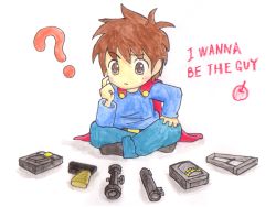 Rule 34 | 1boy, ?, apple, blouse, blue shirt, brown hair, cape, copyright name, english text, food, fruit, gun, i wanna be the guy, male focus, poineko oyasumichuu, scope, shirt, short hair, simple background, sitting, solo, the kid, weapon, white background