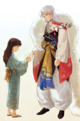 Rule 34 | 1boy, 1girl, age difference, armor, black footwear, black hair, child, crescent, crescent facial mark, facial mark, floral print, forehead mark, full body, grey hair, height difference, holding, holding hands, holding sword, holding weapon, inuyasha, japanese clothes, kimono, long sleeves, looking at another, looking down, niko (silent.whitesnow), one side up, pants, print kimono, profile, puffy pants, rin (inuyasha), sandals, sash, sesshoumaru, shoes, simple background, sword, tail, tassel, weapon, white background, white pants, wide sleeves, yukata, zouri