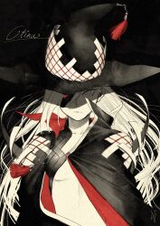 Rule 34 | 1girl, absurdres, black cape, breasts, cape, character name, closed mouth, doya (doya oekaki), eyepatch, hat, highres, long hair, looking at viewer, medium breasts, monochrome, othinus, red cape, revealing clothes, signature, simple background, solo, spot color, toaru majutsu no index, toaru majutsu no index: new testament, two-sided cape, two-sided fabric, witch hat