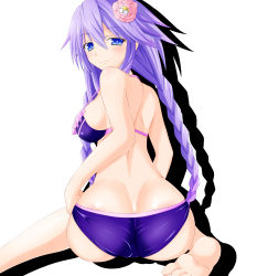 Rule 34 | 10s, 1girl, absurdres, ass, barefoot, bikini, blue eyes, blush, braid, breasts, butt crack, commentary request, feet, flower, from behind, hair flower, hair ornament, highres, long hair, looking at viewer, looking back, neptune (neptunia), neptune (series), power symbol-shaped pupils, purple hair, purple heart (neptunia), simple background, soles, solo, swimsuit, symbol-shaped pupils, tamaki (tamaki pic), toes, twin braids, very long hair, white background