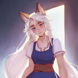 Rule 34 | 1girl, animal ear fluff, animal ears, artist name, bare arms, blue eyes, commentary, dress, english commentary, fox ears, fox girl, freckles, head tilt, heterochromia, highres, light smile, long hair, looking at viewer, losse (personal ami), original, personal ami, pinafore dress, sash, shirt, short sleeves, sleeveless, sleeveless dress, solo, thick eyebrows, very long hair, white hair, white shirt, yellow eyes