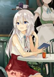 Rule 34 | 2girls, :d, absurdres, ahoge, azuuru, bare arms, bare shoulders, blue eyes, book, breasts, chair, collared shirt, cup, drink, drinking glass, elaina (majo no tabitabi), elbow rest, elbows on table, glass, hair between eyes, hair ribbon, highres, holding, holding book, indoors, jewelry, long hair, majo no tabitabi, multiple girls, official art, on chair, open book, open mouth, out of frame, outdoors, red skirt, ribbon, riviere to inori no kuni, shirt, shirt tucked in, silver hair, sitting, skirt, sleeveless, sleeveless shirt, small breasts, smile, sunlight, waitress, white shirt