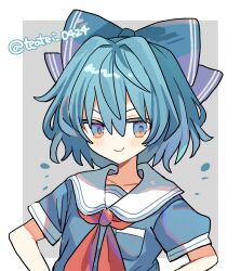 Rule 34 | 1girl, blue eyes, blue hair, blush, border, bow, bowtie, breast pocket, cirno, fangs, forked eyebrows, grey background, hair between eyes, highres, looking at viewer, medium hair, pocket, red bow, red bowtie, sailor collar, shirocha tei, short sleeves, smile, solo, touhou, twitter username, upper body, white border