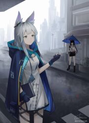 Rule 34 | 2girls, absurdres, animal ear fluff, animal ears, arknights, black footwear, black skirt, blue cape, blue gloves, book, boots, cape, character request, closed mouth, commentary request, dress, fingerless gloves, full body, gloves, gmi (jimmyovob), green eyes, grey hair, hand up, highres, holding, holding book, holding umbrella, hood, hooded cape, long hair, long sleeves, looking up, multicolored hair, multiple girls, outdoors, rain, road, rosmontis (arknights), shirt, short dress, signature, skirt, standing, streaked hair, twitter username, umbrella, white dress, white shirt