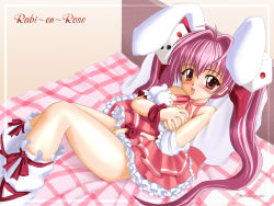 Rule 34 | 1girl, animal ears, blush, grabbing another&#039;s breast, breast slip, breasts, broccoli (company), rabbit ears, choker, di gi charat, female focus, grabbing, hair ornament, large breasts, long hair, looking at viewer, one breast out, pink hair, red eyes, ribbon choker, grabbing own breast, smile, solo, twintails, usada hikaru