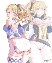 Rule 34 | 1girl, absurdres, alternate costume, ass, ass grab, ass support, bare shoulders, blonde hair, blue eyes, blush, bow, breasts, deep skin, detached sleeves, from behind, genshin impact, hair bow, highres, huge ass, jarckius, jean (genshin impact), long hair, looking at viewer, looking back, medium breasts, multiple views, pants, ponytail, shiny skin, short shorts, shorts, sideboob, simple background, smile, thick thighs, thighhighs, thighs, tight clothes, tight pants, white background