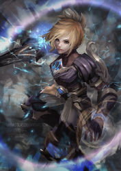 Rule 34 | 1girl, alternate costume, armor, blade, blonde hair, bodysuit, cglas, from above, full armor, gloves, glowing, holding, holding sword, holding weapon, league of legends, looking at viewer, ponytail, riven (league of legends), short hair, skin tight, solo, standing, sword, watermark, weapon, web address
