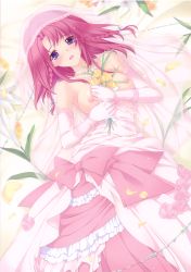 Rule 34 | 1girl, absurdres, bare shoulders, blue eyes, blush, bouquet, braid, breasts, bride, dress, elbow gloves, flower, gloves, highres, iizuki tasuku, jewelry, long hair, looking at viewer, necklace, nipples, open mouth, original, pink hair, solo, top pull, twin braids, veil, wedding dress, white dress, white gloves