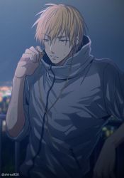 Rule 34 | 1boy, against railing, blonde hair, blurry, cable, casual, commentary request, depth of field, earphones, grey hoodie, hair between eyes, hand up, holding, holding earphones, hood, hoodie, kise ryouta, kuroko no basuke, looking down, looking to the side, male focus, mashima shima, night, outdoors, railing, short hair, single earphone removed, solo, sweat, twitter username, upper body, yellow eyes