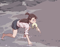 Rule 34 | 1girl, animal, blouse, brown hair, collared shirt, diana cavendish, ferret, from side, kagari atsuko, little witch academia, mouth hold, red eyes, shirt, tonton (mathcaca24), water, water drop, wet, wet clothes, white shirt