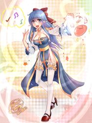 Rule 34 | 1girl, :3, angeling, arch bishop (ragnarok online), black footwear, blue dress, blue eyes, blue hair, blush, bow, breasts, cleavage, cleavage cutout, clothing cutout, commentary request, cross, dated, dress, frilled thighhighs, frills, full body, hair between eyes, hair bow, halo, high heels, highres, juliet sleeves, lanmei jiang, long hair, long sleeves, looking at viewer, medium bangs, medium breasts, musical note, open mouth, pelvic curtain, plaid, plaid background, pointy ears, puffy sleeves, ragnarok online, red bow, sash, signature, slime (creature), smile, solo, standing, standing on one leg, thighhighs, two-tone dress, white dress, white thighhighs, white wings, wings, yellow background, yellow halo, yellow sash
