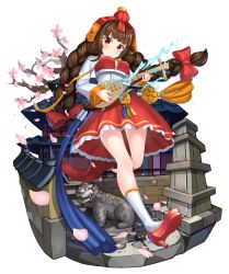 Rule 34 | 1girl, 2drr, :&lt;, absurdres, blush, bow, braid, breasts, brown eyes, brown hair, closed mouth, hair bow, high heels, highres, holding, holding instrument, instrument, instrument request, kneehighs, large breasts, long sleeves, md5 mismatch, original, red bow, resolution mismatch, socks, solo, source smaller, twin braids, white socks