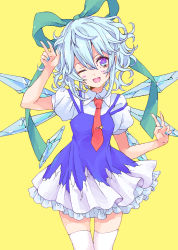 Rule 34 | 1girl, bad id, bad pixiv id, blue eyes, blue hair, blue nails, bow, cirno, dress, dress shirt, hair bow, highres, matching hair/eyes, nail polish, necktie, one eye closed, open mouth, shirt, short hair, smile, solo, thighhighs, touhou, white thighhighs, wings, wink, yellow background, yutsumoe