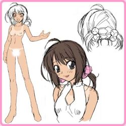Rule 34 | 1girl, :d, ahoge, aoba nanami, arms behind back, bikini tan, black eyes, blush, border, breasts, brown hair, censored, character sheet, cleavage cutout, close-up, clothing cutout, flat chest, from behind, hair ornament, halterneck, legs, long legs, looking at viewer, minna de nyan nyan, navel, nipples, nude, official art, open mouth, outstretched arm, parted bangs, shirt, short hair, short twintails, simple background, sirpent, sketch, small breasts, smile, solo, standing, tan, tanline, turtleneck, twintails, unfinished, upper body, white background