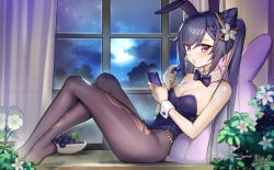 Rule 34 | 1girl, animal ears, breasts, cleavage, fake animal ears, food, fruit, genshin impact, grapes, holding, holding phone, keqing (genshin impact), leotard, long hair, looking at viewer, open mouth, parted lips, phone, playboy bunny, purple eyes, purple hair, siriuflong, solo, twintails, very long hair, window