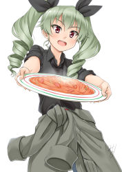 Rule 34 | 10s, 1girl, anchovy (girls und panzer), black necktie, black ribbon, black shirt, clothes around waist, collared shirt, cowboy shot, drill hair, eyebrows, food, foreshortening, girls und panzer, green hair, hair ribbon, holding, holding plate, jacket, jacket around waist, miri (ago550421), necktie, outstretched arms, pasta, plate, red eyes, ribbon, round teeth, shirt, signature, simple background, solo, spaghetti, standing, teeth, tsurime, twin drills, twintails, white background, wing collar
