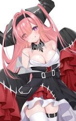 Rule 34 | 1girl, :q, areola slip, azur lane, bare shoulders, black dress, black hairband, blush, breasts, cleavage, closed mouth, commentary request, dress, eyes visible through hair, hair over one eye, hairband, head tilt, highres, horns, katsushika pachi, long hair, long sleeves, medium breasts, off shoulder, pink hair, prinz rupprecht (azur lane), purple eyes, simple background, skindentation, sleeves past fingers, sleeves past wrists, smile, solo, strap slip, thighhighs, tongue, tongue out, v-shaped eyebrows, very long hair, white background