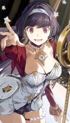 1girl absurdres astra_yao black_hair breasts cleavage dress earrings hairband hashibiro_kou_(garapiko_p) highres holding holding_staff jewelry long_hair long_sleeves looking_at_viewer medium_breasts red_eyes solo staff white_dress white_hairband zenless_zone_zero