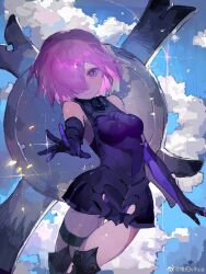 Rule 34 | 1girl, black dress, black gloves, blue sky, breasts, chinese commentary, closed mouth, cloud, commentary request, cowboy shot, dress, elbow gloves, fate/grand order, fate (series), gloves, hair over one eye, highres, looking at viewer, mash kyrielight, pink eyes, pink hair, short dress, short hair, sky, sleeveless, sleeveless dress, small breasts, smile, solo, thigh strap, vihua6, weibo logo, weibo watermark