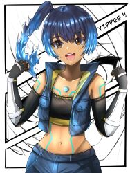 Rule 34 | 1girl, absurdres, blue hair, blue jacket, body markings, brown eyes, commentary, crop top, cropped jacket, elbow gloves, eyelashes, fiery hair, gloves, glowing lines, highres, jacket, langspower, midriff, mixed-language commentary, navel, open clothes, open jacket, open mouth, pouch, sena (xenoblade), short hair, smile, solo, teeth, upper teeth only, white background, xenoblade chronicles (series), xenoblade chronicles 3
