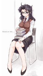 Rule 34 | 00s, 1girl, black hair, blue eyes, blush, book, book stack, chair, copyright name, full body, glasses, looking at viewer, messy hair, necktie, read or die, sitting, skirt, smile, solo, vest, yomiko readman