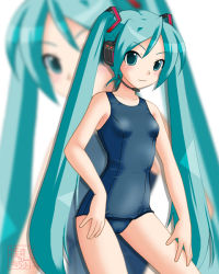 Rule 34 | green eyes, green hair, hatsune miku, long hair, neopure, one-piece swimsuit, school swimsuit, solo, swimsuit, twintails, very long hair, vocaloid