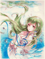Rule 34 | 1girl, absurdres, alitia, artist name, dated, detached sleeves, frog hair ornament, green eyes, green hair, hair ornament, hair tubes, hands on own chest, highres, japanese clothes, kochiya sanae, lake, long hair, matching hair/eyes, miko, own hands clasped, own hands together, rain, ribbon, solo, touhou