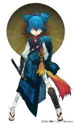 Rule 34 | 10s, 1boy, armor, blue hair, company name, dated, frown, full body, green eyes, hat, japanese armor, japanese clothes, jpeg artifacts, kote, looking at viewer, male focus, no socks, official art, sandals, sayo samonji, sheath, sheathed, short sword, simple background, solo, suzuki jirou, sword, tantou, touken ranbu, watermark, weapon, white background