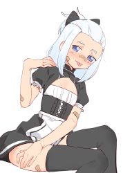 Rule 34 | 1boy, absurdres, bandaid, bandaid on arm, bandaid on cheek, bandaid on face, bandaid on nose, black bow, black dress, black thighhighs, blue eyes, blush, bow, bungo taiga, closed mouth, dress, eds, gothic lolita, hair bow, highres, indie virtual youtuber, lolita fashion, male focus, puffy short sleeves, puffy sleeves, short sleeves, shrug (clothing), sidelocks, sitting, solo, symbol-only commentary, thighhighs, tongue, tongue out, trap, virtual youtuber, white hair