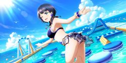 Rule 34 | 1girl, ;), armlet, artist name, artist request, asaka karin, bare legs, bare shoulders, barefoot, bikini, bikini skirt, bird, black bikini, blue bikini, blue eyes, blue hair, blue sky, blue wristband, blush, boat, bracelet, breasts, butterfly tattoo, cleavage, cloud, collarbone, cross-laced bikini, cross-laced bikini top, cross-laced clothes, dark blue hair, day, earrings, feet, female focus, flower bracelet, from behind, halterneck, heart (symbol), highres, jewelry, looking at viewer, looking back, love live!, love live! nijigasaki high school idol club, love live! school idol festival, love live! school idol festival all stars, medium breasts, medium hair, mismatched bikini, mole, mole on body, mole on breast, navel, o-ring, o-ring bikini, o-ring bottom, ocean, one eye closed, outdoors, outstretched arms, outstretched hand, parted lips, plaid, plaid bikini, pool, ship, short hair, sideboob, sky, smile, solo, standing, standing on one leg, stomach tattoo, striped bikini, striped bikini top, striped clothes, sun, sunlight, swimsuit, tattoo, watercraft, white bikini, wristband