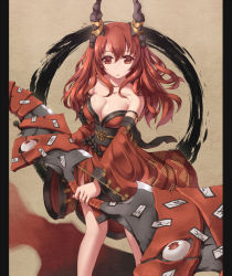 Rule 34 | 1girl, bad id, bad pixiv id, bare shoulders, bow (weapon), breasts, cleavage, collarbone, detached sleeves, horns, japanese clothes, large breasts, legs, long hair, no nose, ofuda, original, pillarboxed, red eyes, red hair, solo, weapon, zenn