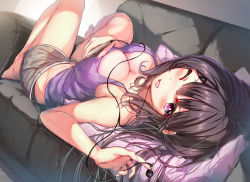 Rule 34 | 1girl, ao no kanata no four rhythm, bare arms, bare legs, barefoot, black hair, black shorts, blush, breasts, cleavage, commentary request, commission, couch, cushion, digital media player, dolphin shorts, earbuds, earphones, large breasts, long hair, looking at viewer, lying, on back, one eye closed, open mouth, purple eyes, purple tank top, short shorts, shorts, skeb commission, smile, solo, tank top, tobisawa misaki, toes, wingheart