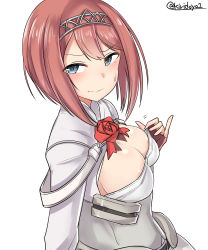 Rule 34 | 1girl, absurdres, areola slip, ark royal (kancolle), blue eyes, breasts, brown gloves, cleavage, corset, embarrassed, fingerless gloves, gloves, hairband, highres, jacket, kantai collection, kiritto, long sleeves, medium breasts, red hair, red ribbon, ribbon, short hair, simple background, solo, sweatdrop, tiara, twitter username, wavy mouth, white background, white corset, white jacket