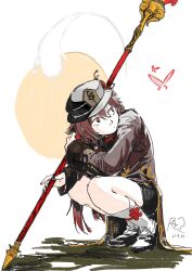 Rule 34 | 1girl, black hat, black nails, black shorts, brown hair, bug, butterfly, dated, flower, genshin impact, hair between eyes, hat, hat flower, highres, holding, holding polearm, holding weapon, hu tao (genshin impact), insect, long hair, long sleeves, multicolored hair, nail polish, pazuu, polearm, red eyes, red flower, red hair, shorts, signature, simple background, socks, solo, spear, squatting, staff of homa (genshin impact), weapon, white socks