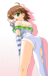 Rule 34 | 00s, 1girl, ahoge, ass, asymmetrical clothes, awakened miki, bare shoulders, brown hair, chogenbo musasiya, cosmic &amp; funny (idolmaster), elbow gloves, gloves, green eyes, heart, hoshii miki, idolmaster, idolmaster (classic), idolmaster 1, kneepits, legs, looking at viewer, looking back, musashiya chougenbou, open mouth, short hair, silhouette, simple background, solo, standing, tattoo