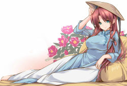 Rule 34 | 1girl, alternate costume, barefoot, blush, bow, braid, breasts, china dress, chinese clothes, dress, green eyes, hair bow, hand on headwear, hat, hong meiling, large breasts, long hair, lying, monety, on side, red hair, rice hat, side braid, smile, solo, touhou, traditional clothes, twin braids, vietnamese dress
