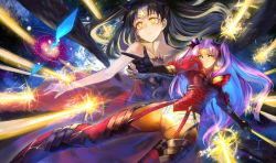 Rule 34 | 2girls, black hair, bodysuit, boots, commentary request, crescent, crescent facial mark, energy beam, facial mark, fate/grand order, fate (series), finger gun, floating, forehead mark, galaxy, glowing, glowing eyes, hair ribbon, highres, ishtar (fate), kito (kito2), multiple girls, outstretched arms, pointing, purple hair, ribbon, space ishtar (fate), space ishtar (third ascension) (fate), spread arms, star (symbol), star facial mark, symbol-shaped pupils, twintails, yellow eyes