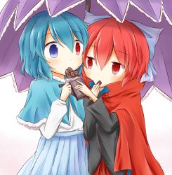 Rule 34 | 2girls, black shirt, blue eyes, blue hair, blue skirt, bow, candy, cape, capelet, chocolate, chocolate bar, feeding, food, fur-trimmed capelet, fur trim, hair bow, heads together, heterochromia, highres, long sleeves, looking at another, multiple girls, pleated skirt, puchimirin, red cape, red eyes, red hair, red skirt, sekibanki, shirt, short hair, simple background, skirt, tatara kogasa, touhou, umbrella, untucked shirt, white background, white shirt