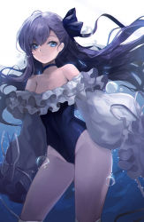 Rule 34 | 1girl, air bubble, bare shoulders, blue bow, blue choker, blue hair, blue one-piece swimsuit, blush, bow, bubble, choker, eyes visible through hair, fate/grand order, fate (series), frilled one-piece swimsuit, frills, grey pantyhose, grey ribbon, hair bow, hyatsu, light blush, long hair, meltryllis, meltryllis (fate), meltryllis (swimsuit lancer) (fate), meltryllis (swimsuit lancer) (second ascension) (fate), off-shoulder one-piece swimsuit, off shoulder, one-piece swimsuit, pantyhose, parted lips, purple hair, ribbon, sleeves past wrists, smile, solo, swimsuit, underwater