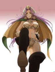 Rule 34 | 1girl, angela (seiken densetsu 3), armor, ass, bikini armor, black thighhighs, breasts, cape, from below, gradient background, green eyes, hat, large breasts, legs, long hair, looking at viewer, magus (seiken densetsu 3), navel, purple hair, seiken densetsu, seiken densetsu 3, seqet-aru, solo, square enix, thighhighs, thighs, tricorne
