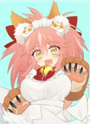 Rule 34 | 1girl, animal ear fluff, animal ears, animal hands, apron, bell, blue background, blush, breasts, cat hair ornament, cat paws, collar, eyes visible through hair, fangs, fate/grand order, fate (series), fox ears, fox girl, gloves, hair ornament, hair ribbon, heart, heart in mouth, highres, jingle bell, large breasts, long hair, looking at viewer, maid headdress, naked apron, neck bell, open mouth, paw gloves, pink hair, ponytail, red ribbon, ribbon, simple background, solo, suzukimadaka, tamamo (fate), tamamo cat (fate), tamamo cat (third ascension) (fate), yellow eyes