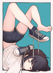 Rule 34 | 1girl, 1ssakawaguchi, = =, absurdres, aqua background, black hair, black shorts, blue footwear, blush, closed eyes, closed mouth, commentary, converse, denim, denim shorts, highres, legs over head, legs up, original, outside border, shirt, shoes, short hair, short shorts, shorts, simple background, single shoe, sneakers, solo, symbol-only commentary, untied footwear, white shirt