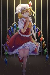 Rule 34 | 1girl, amane sora, ascot, bad id, bad pixiv id, bars, birdcage, black background, blonde hair, bloomers, breasts, cage, commentary, crystal, feet out of frame, flandre scarlet, frilled shirt collar, frills, grin, hair between eyes, hand up, hat, hat ribbon, highres, holding, light particles, looking at viewer, mary janes, medium breasts, mob cap, nail polish, one side up, petticoat, red eyes, red footwear, red nails, red ribbon, red skirt, red vest, ribbon, shirt, shoes, short hair, skirt, skirt set, smile, socks, solo, standing, standing on one leg, thighs, touhou, underwear, vest, white bloomers, white hat, white shirt, white socks, wings, yellow ascot